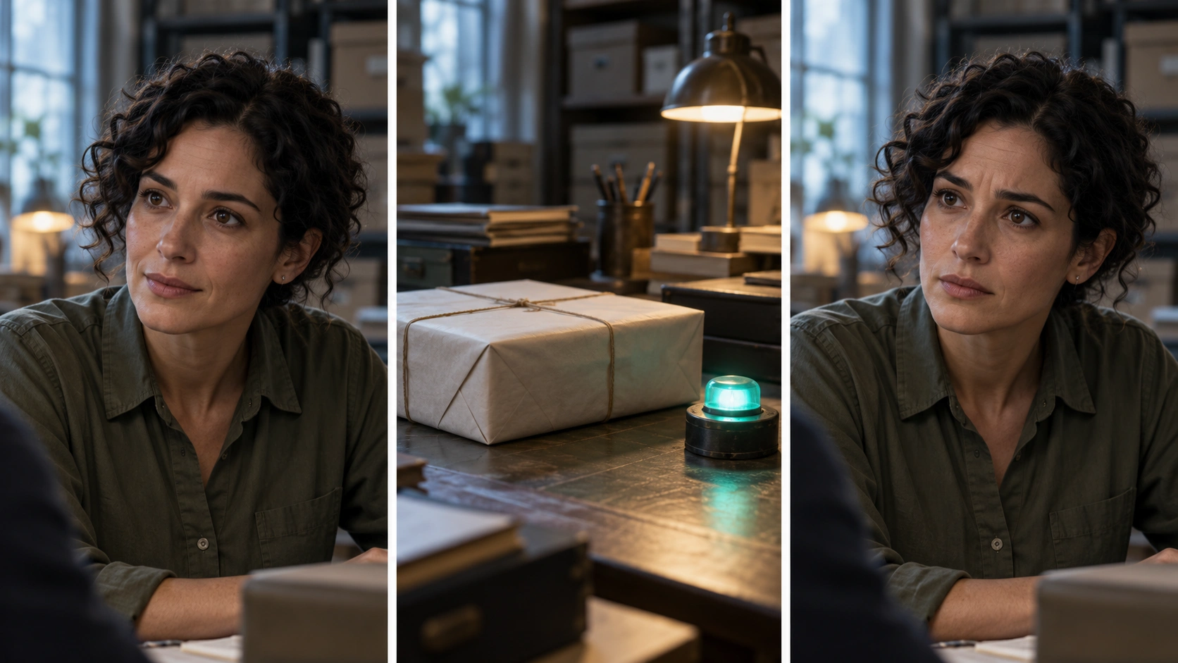 Original generated still triptych of a fictional archive clerk listening a parcel and teal signal detail and a restrained concerned response