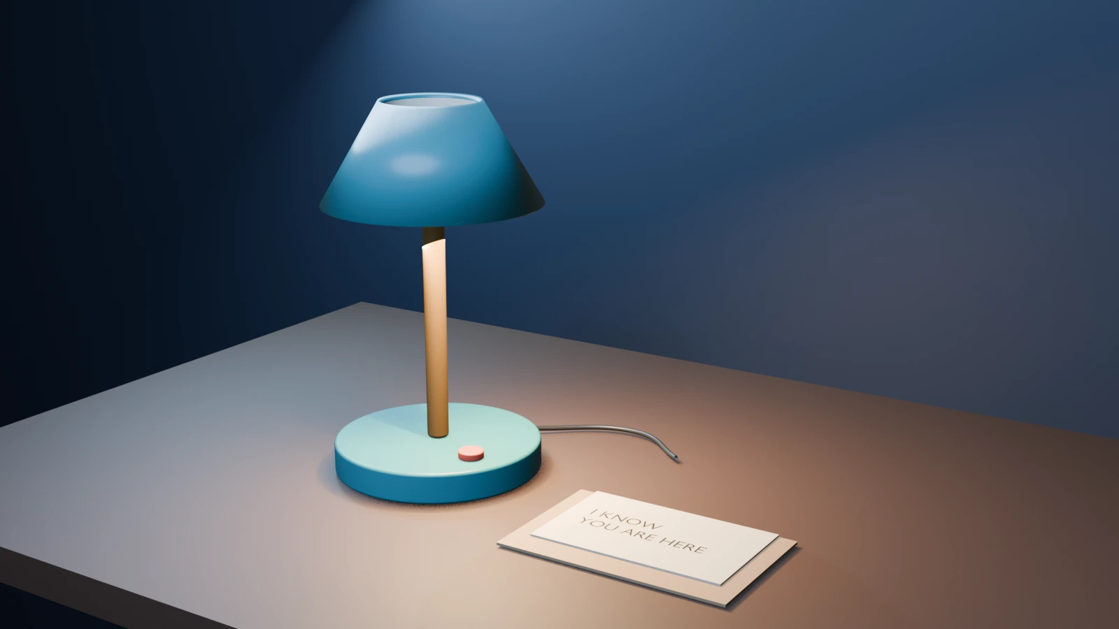 Original authored wider hold on the unchanged lamp, envelope and reply card