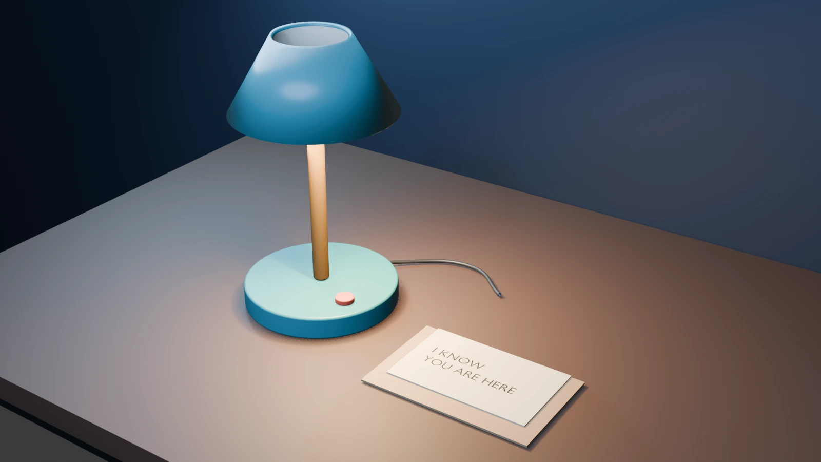 Original authored wide reference of a teal desk lamp, blank envelope and ivory reply card