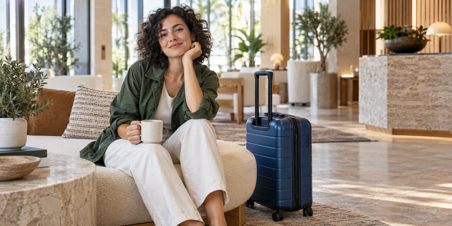 Original fictional travel creator in a forest-green jacket beside a cobalt carry-on suitcase in a daylight hotel lobby