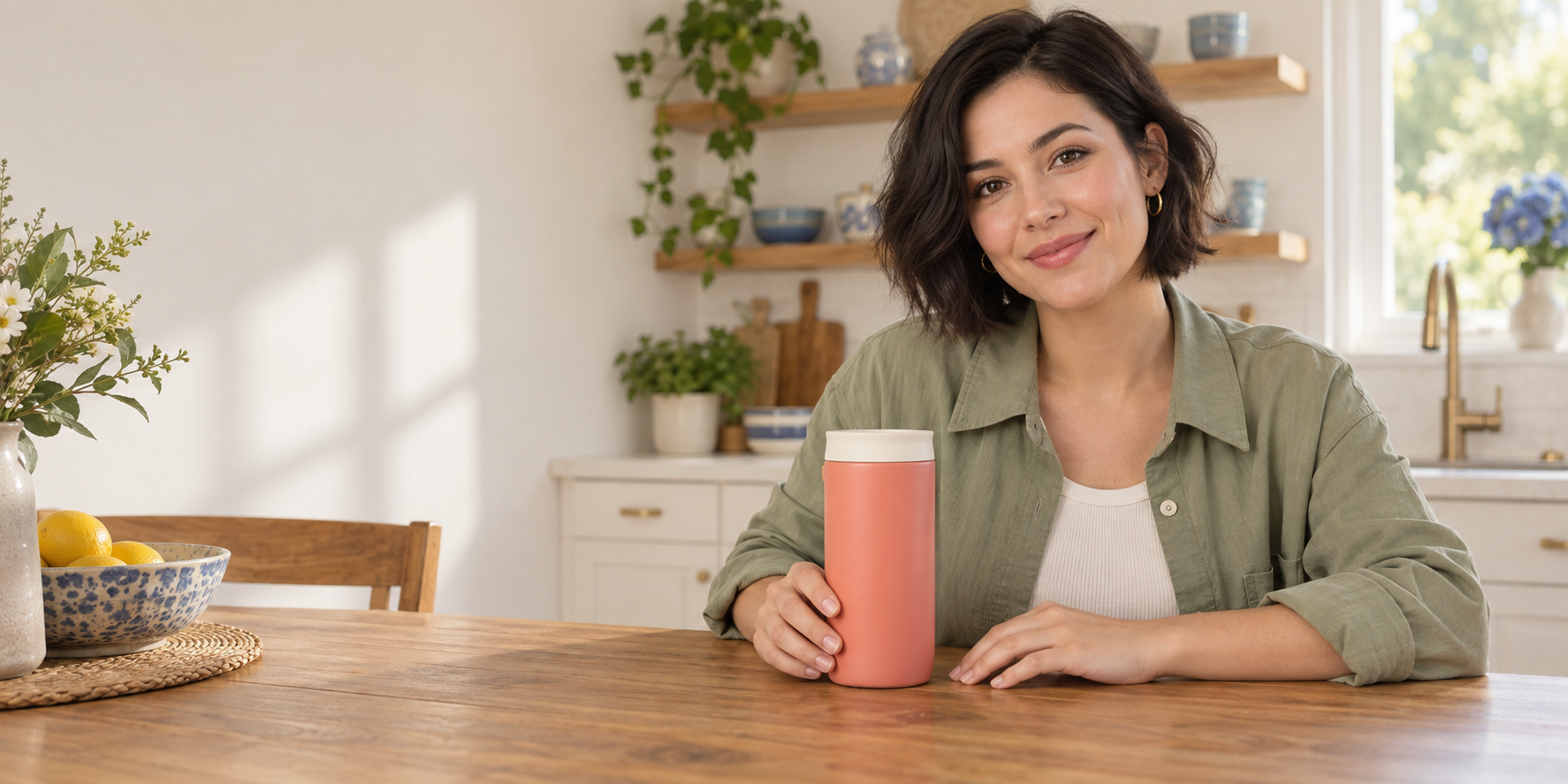 Original fictional creator with a short dark bob and sage overshirt beside a coral tumbler at a daylight kitchen table