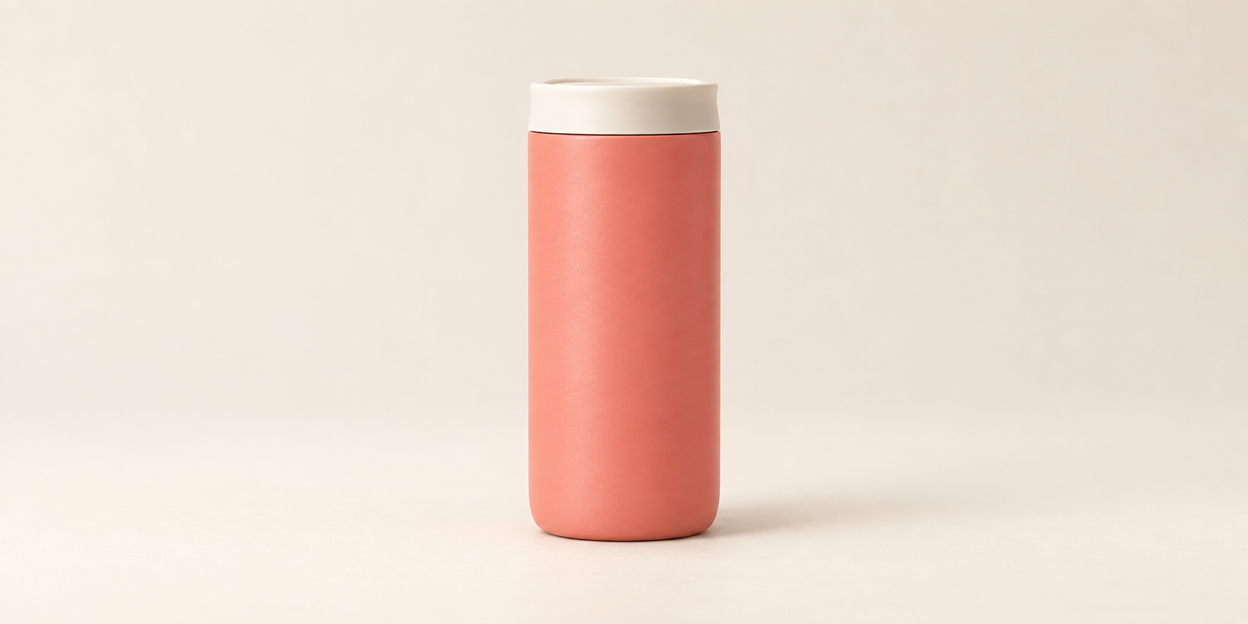 Separate original reference artwork of a matte coral cylindrical tumbler with a cream lid on a warm neutral studio surface
