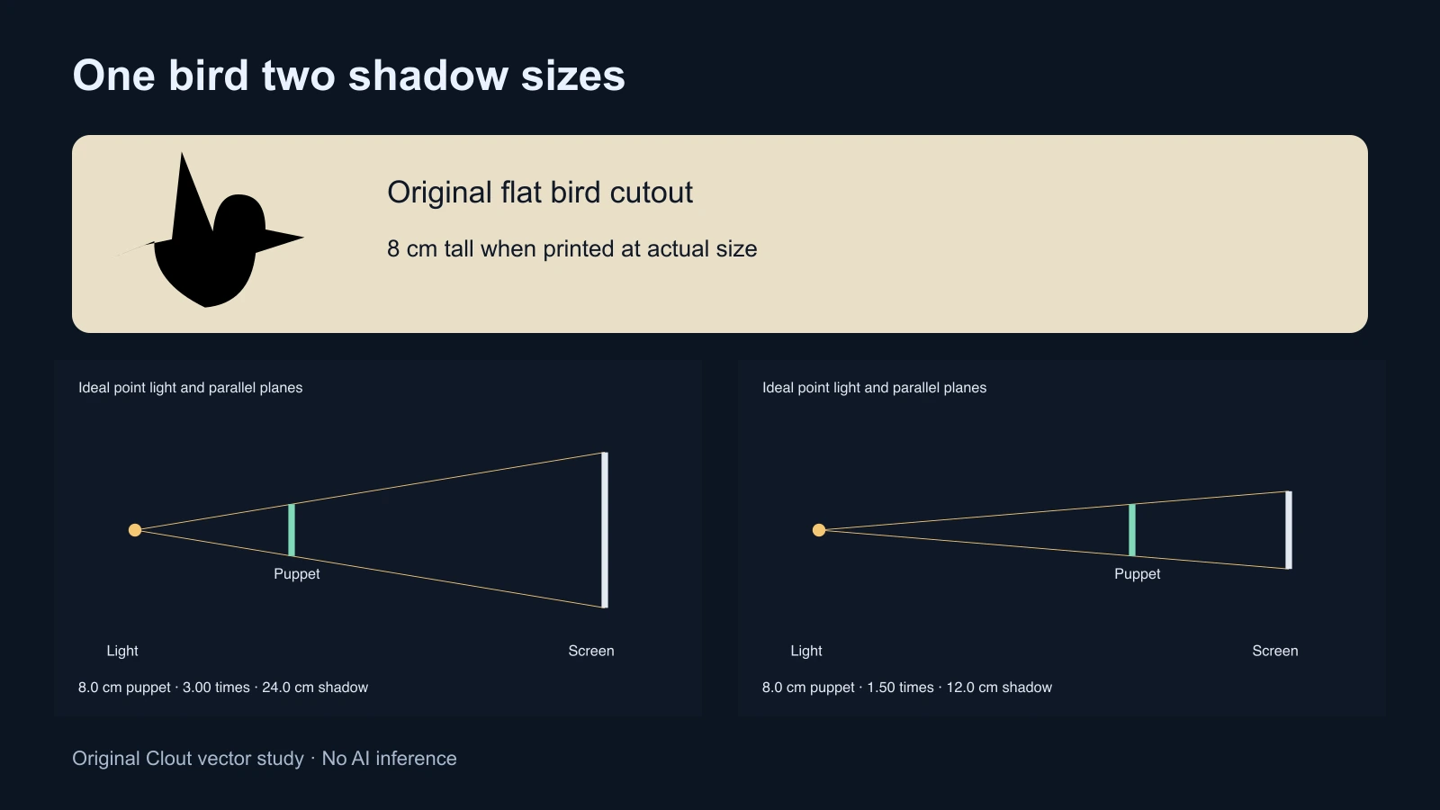 Original bird silhouette and point light diagrams comparing an eight centimetre puppet at two distances