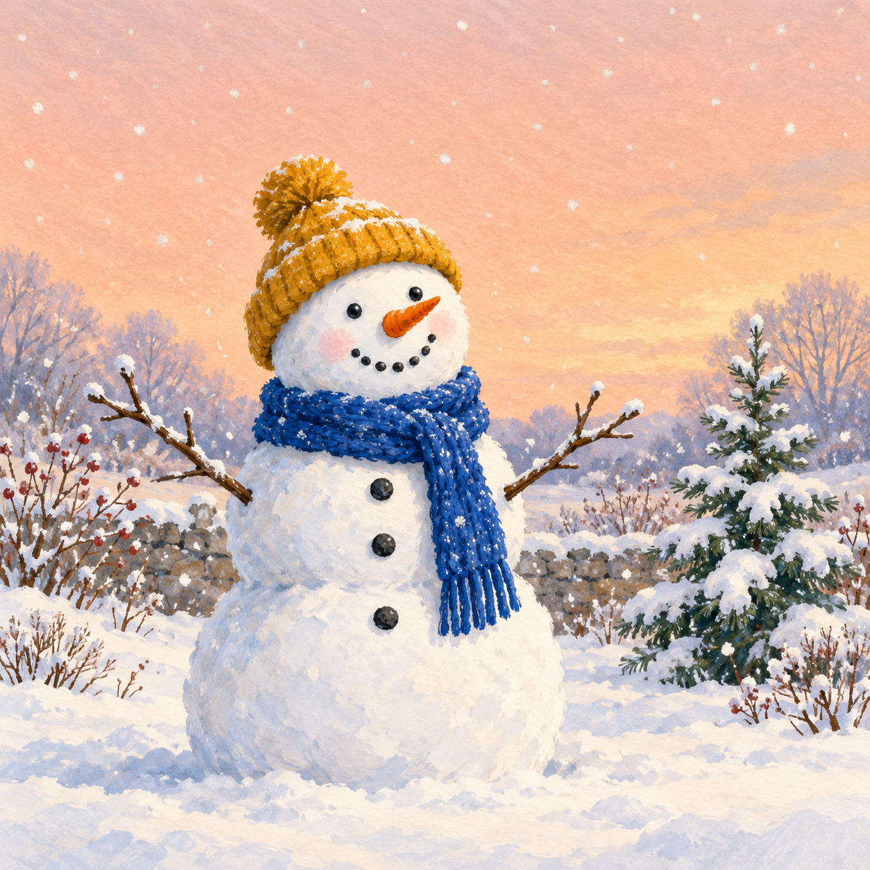 Original painted snowman in a mustard beanie and cobalt scarf against a peach winter sky