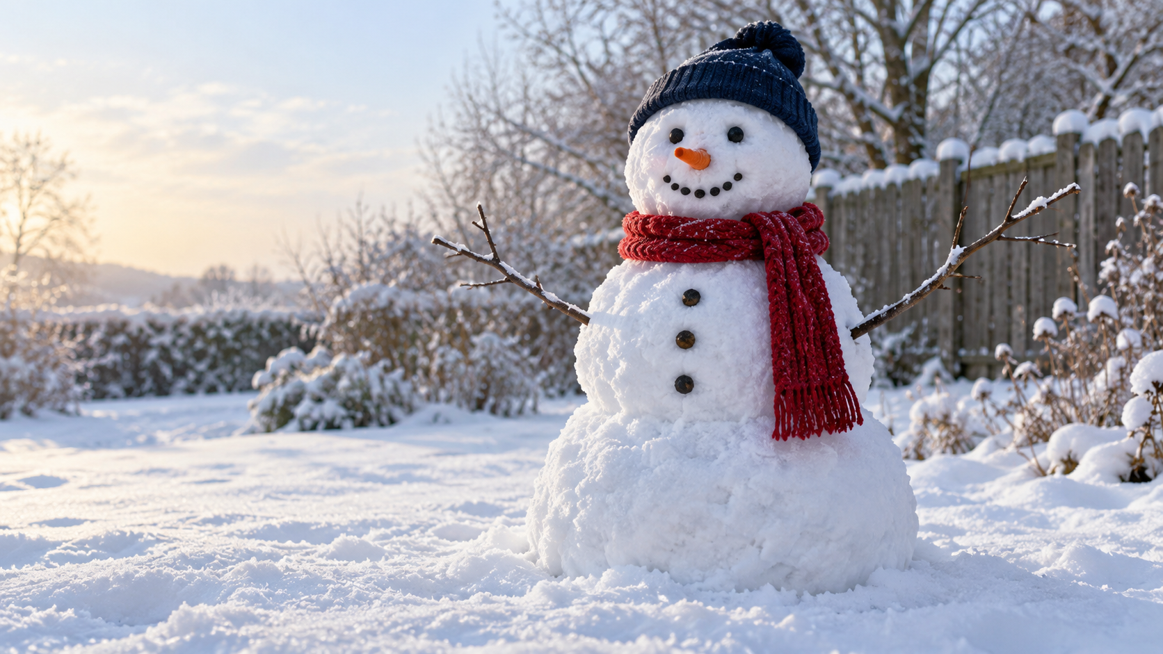 Fictional handmade snowman in a red scarf and navy beanie in a snowy garden
