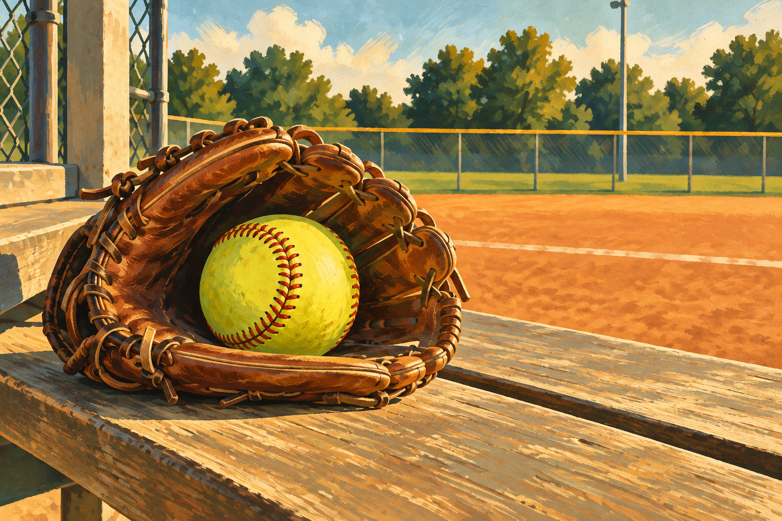 Painted editorial illustration of a yellow softball in a brown glove on a warm wooden bench beside a field