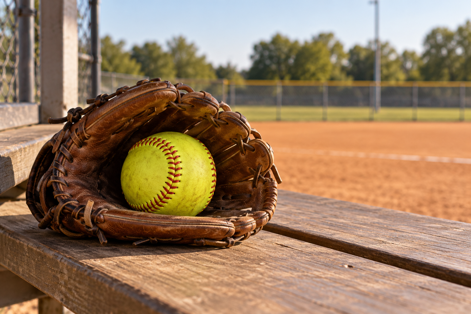 Original yellow softball with red stitching resting in a brown leather glove on a wooden dugout bench