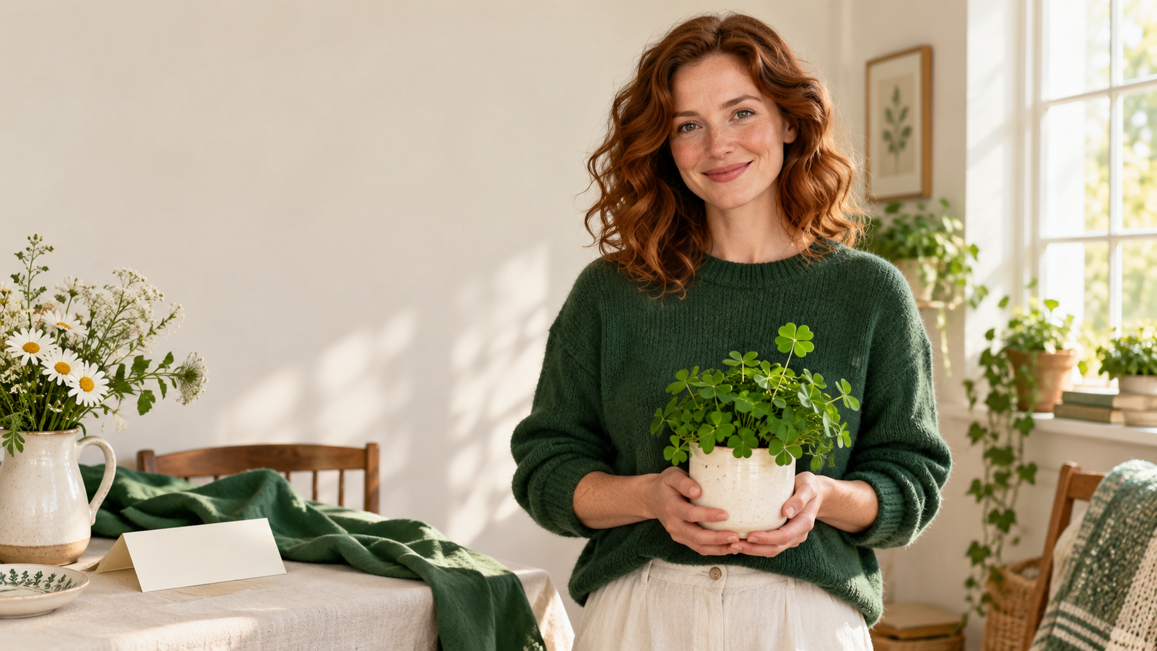 Fictional adult creator in a green sweater holding a decorative plant in a cream studio