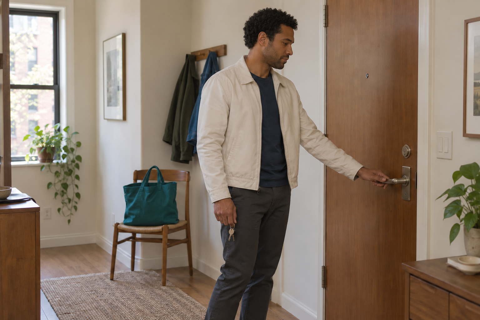 Fictional creator holding keys and reaching for a wooden door with an empty teal tote on a chair behind him