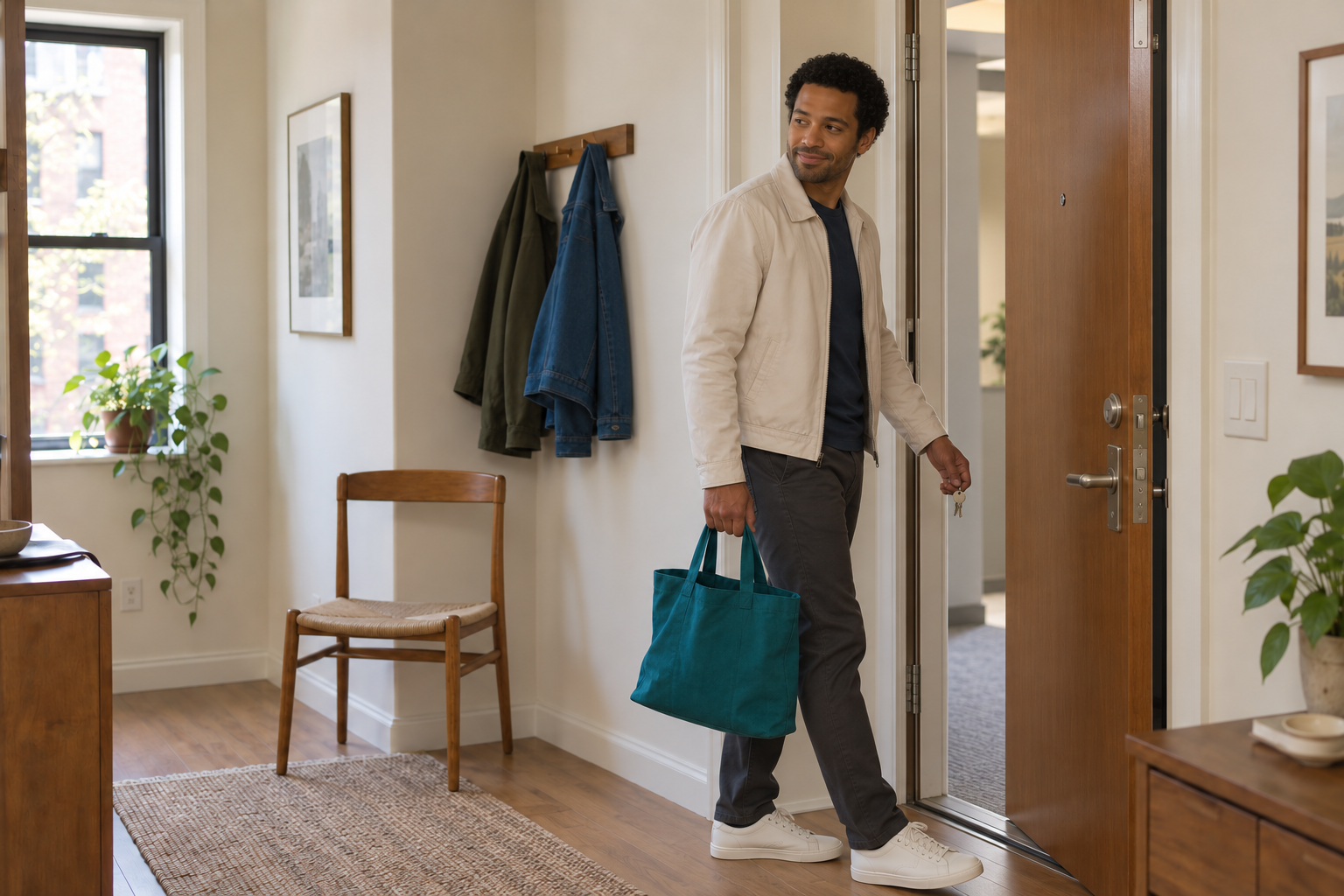 The same fictional creator at the open wooden doorway carrying the teal tote and plain keys