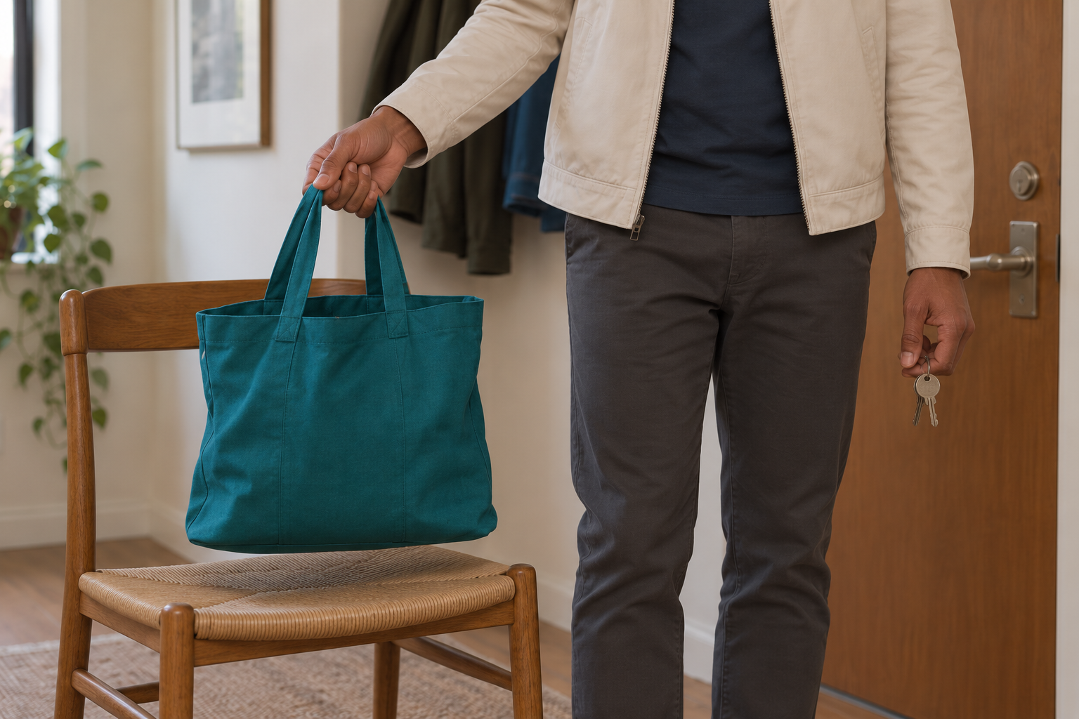 Close view of the cream-jacketed creator lifting the empty teal tote by its handles from the wooden chair