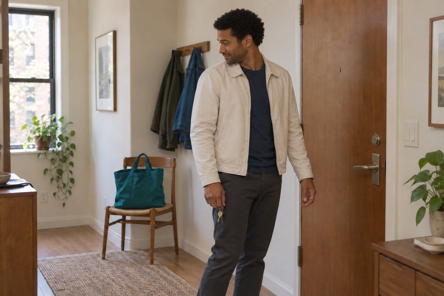 The same fictional creator turning from the closed apartment door toward the empty teal tote