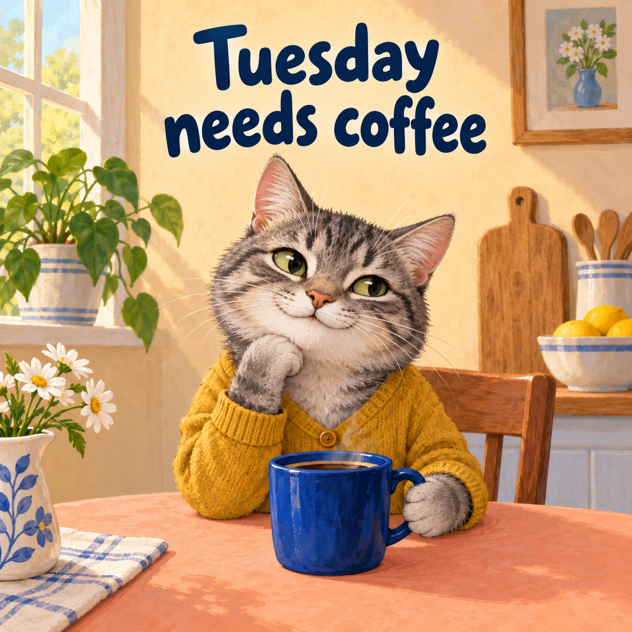 Tuesday needs coffee greeting with a gray tabby cat in a mustard cardigan