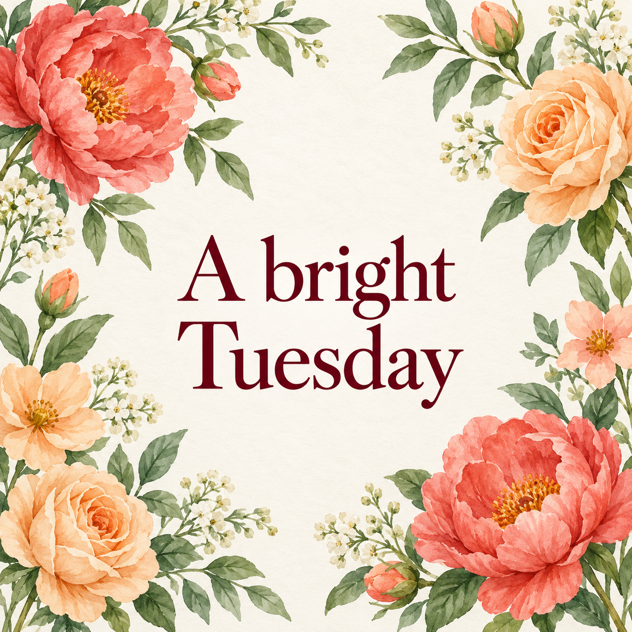 A bright Tuesday greeting framed by coral and apricot watercolor flowers