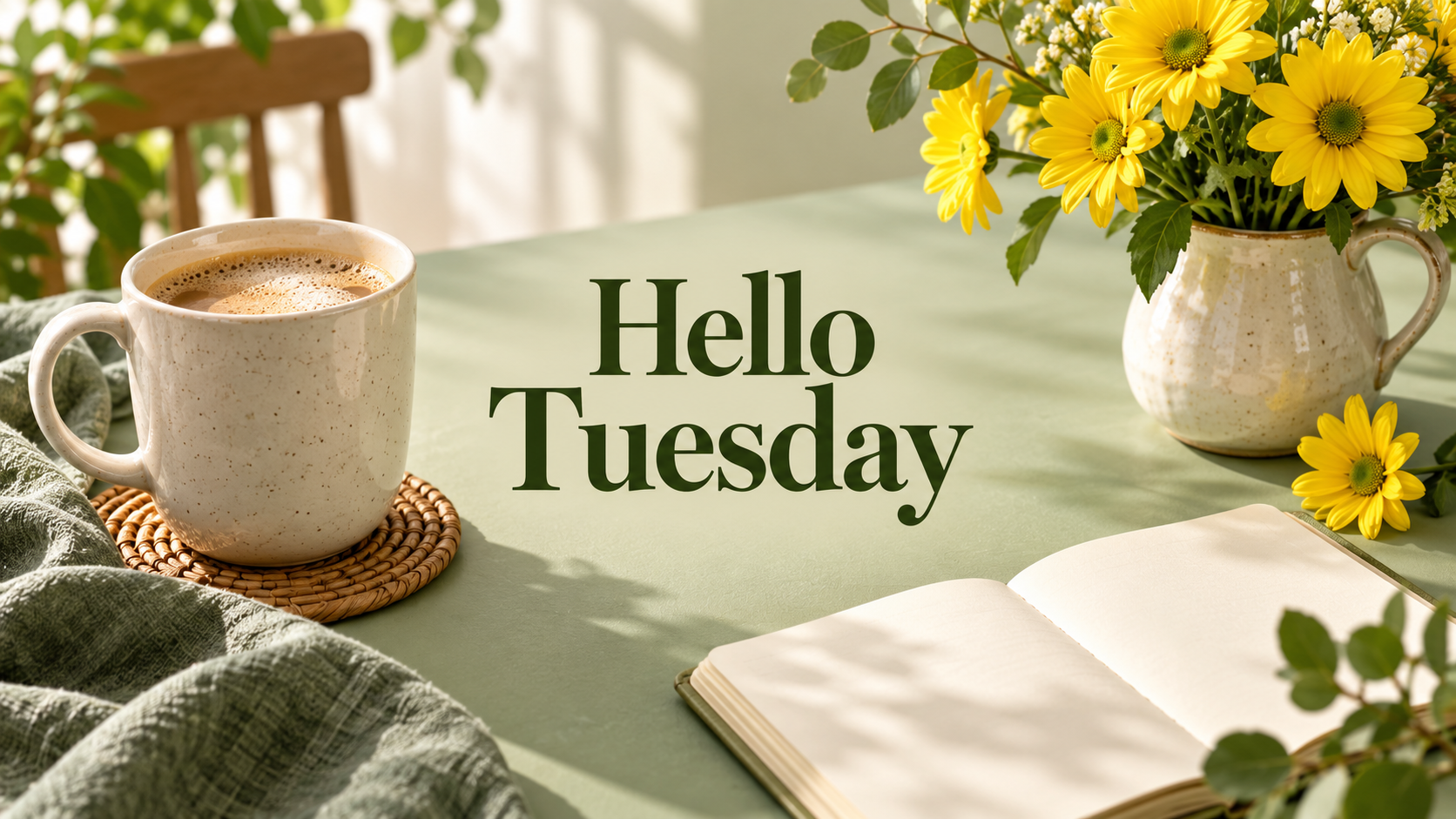 Hello Tuesday greeting with coffee yellow daisies and a sage breakfast table