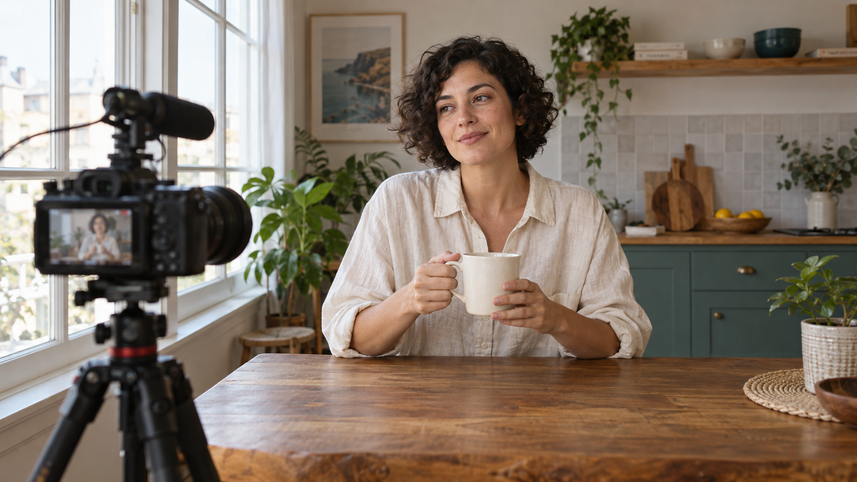 Fictional creator holding an ivory mug in a daylight kitchen with a filming camera nearby