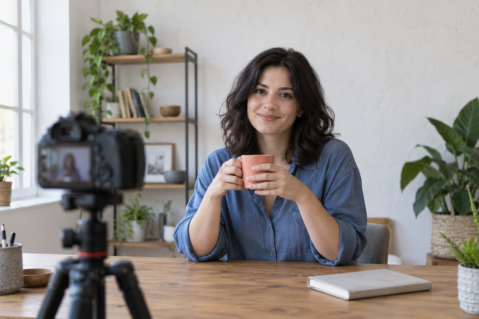 Original fictional creator in a blue shirt holding a coral cup in a clean home filming setup