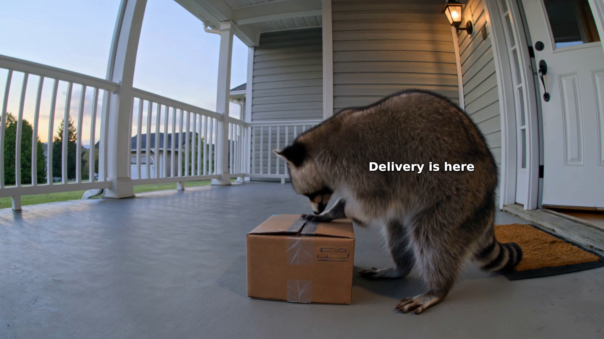 Fictional raccoon resting a paw on a parcel on a porch at 0.5 seconds
