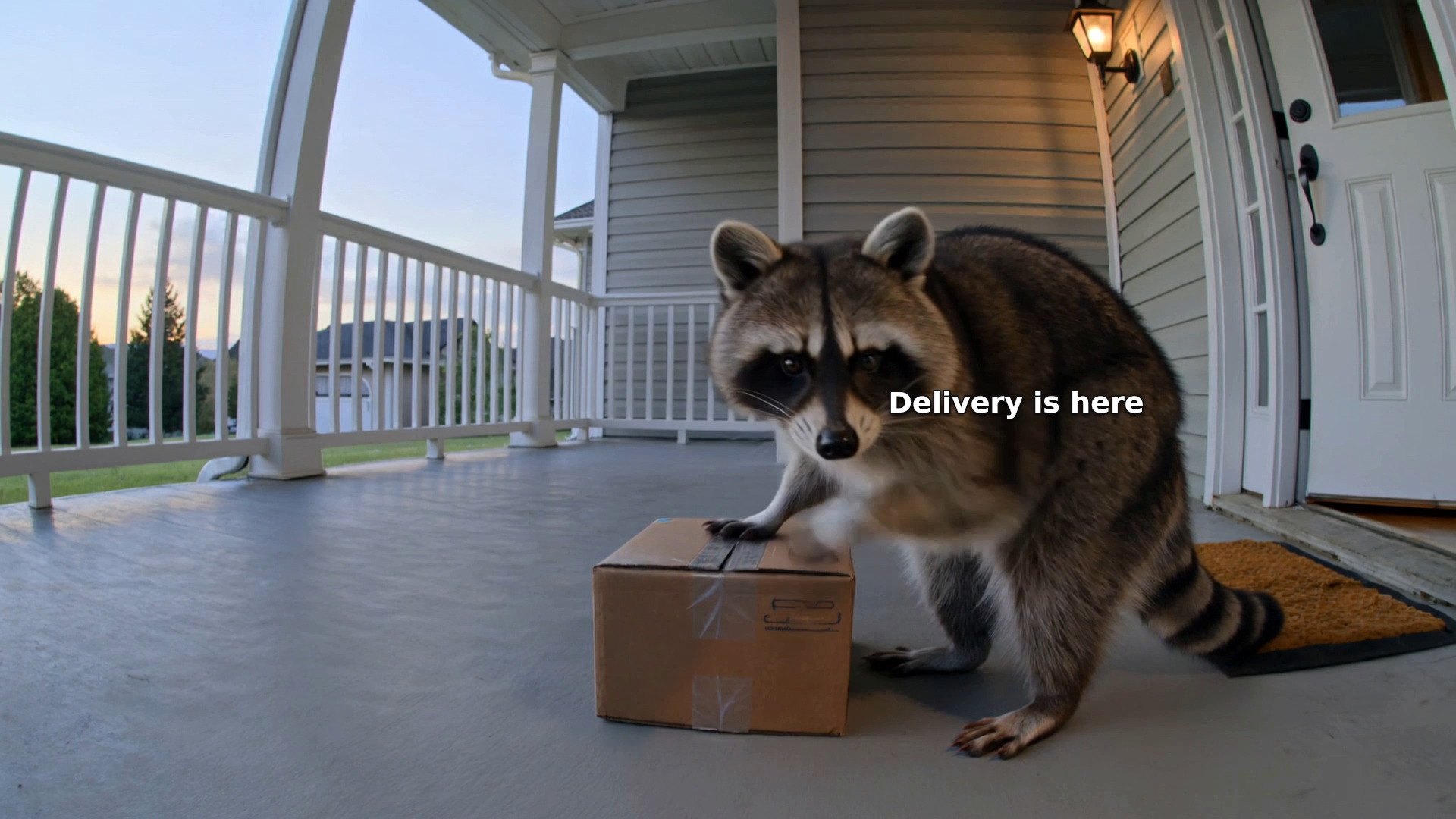 Fictional raccoon facing the porch camera beside a taped parcel at 3 seconds