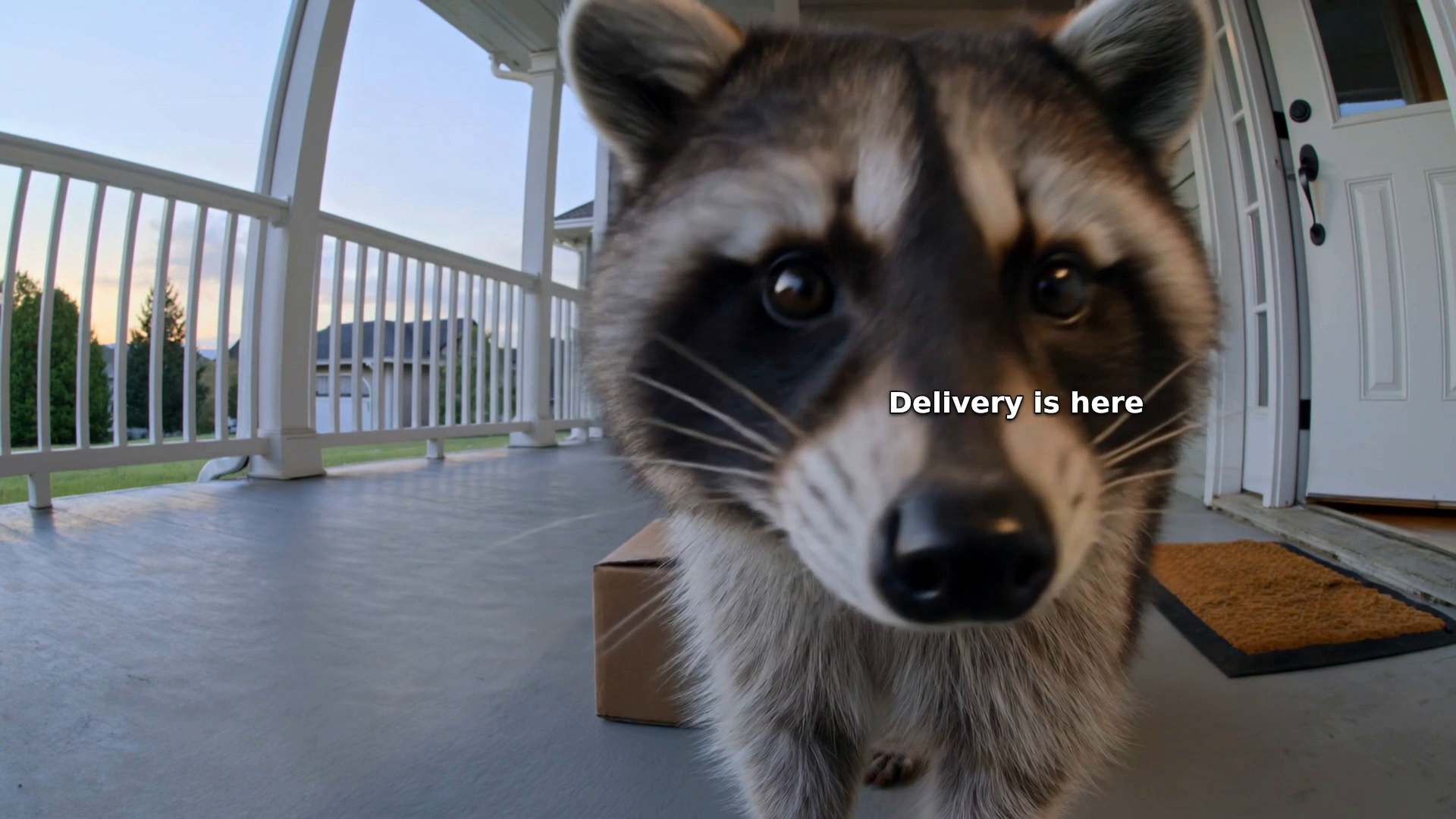 Fictional raccoon face close to the camera lens at 6 seconds