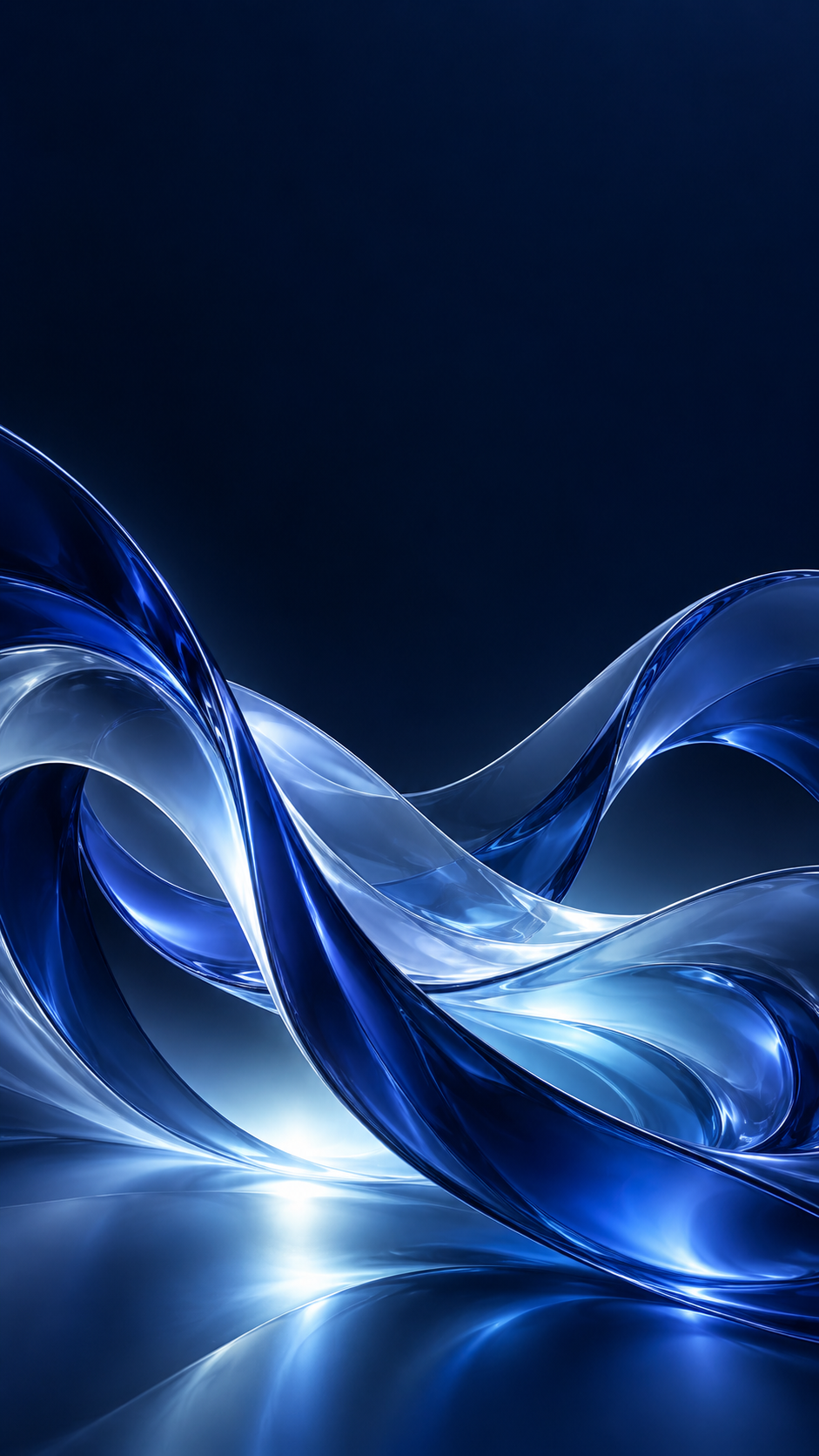 AI-generated translucent blue glass ribbons against a dark navy portrait background with a quiet upper area