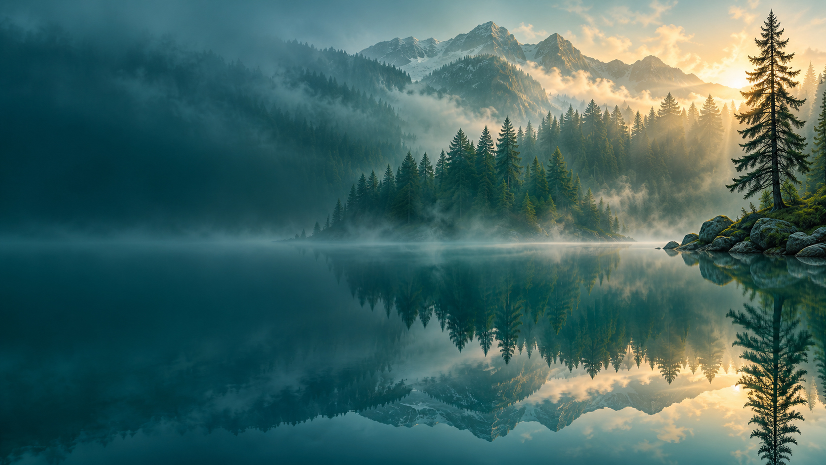 AI-generated evergreen forest reflected in still teal water with soft warm sunlight through mist
