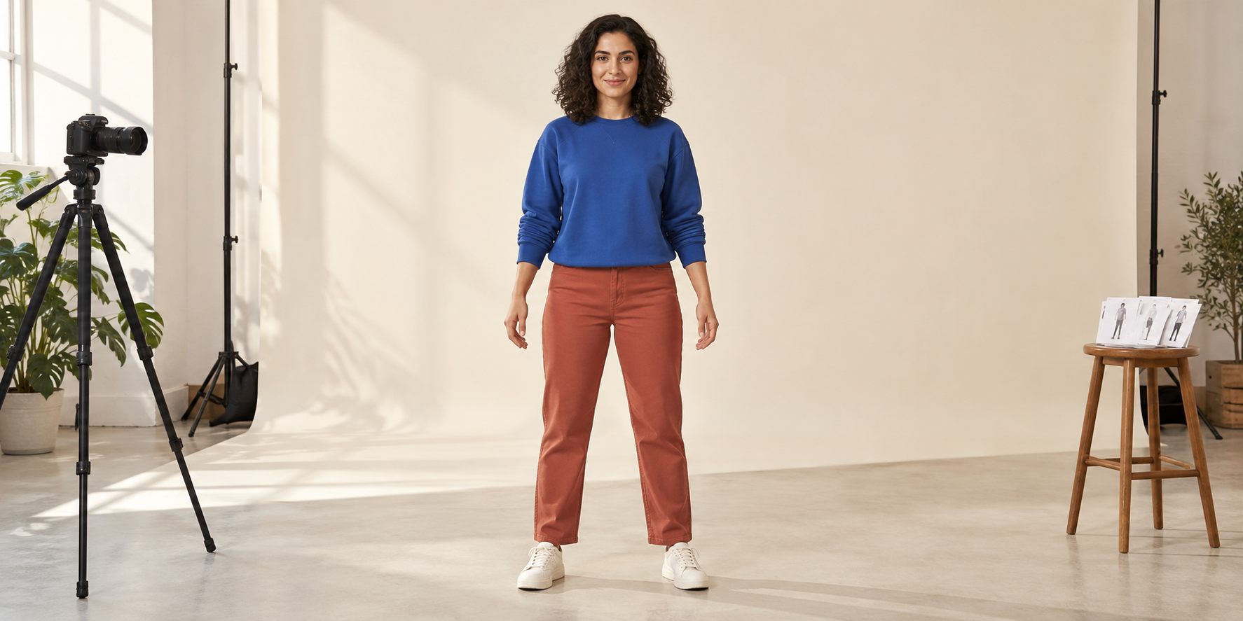 Original fictional full-body creator in a cobalt sweatshirt and terracotta trousers standing in a daylight filming studio with separated limbs