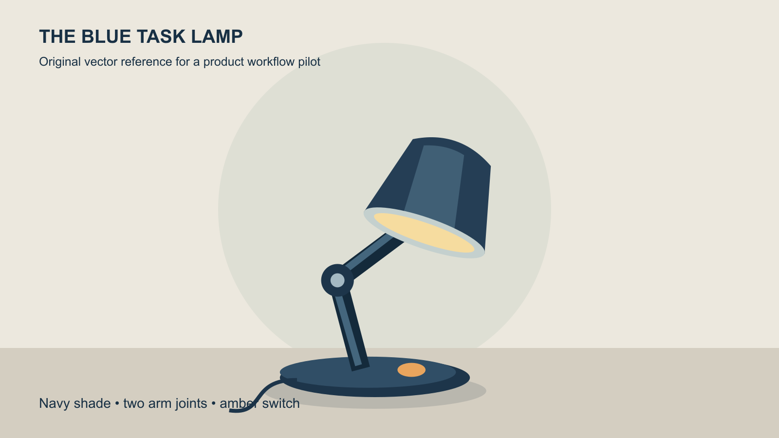Original vector reference of a navy task lamp with an oval base two arm joints and an amber switch on a plain warm desk