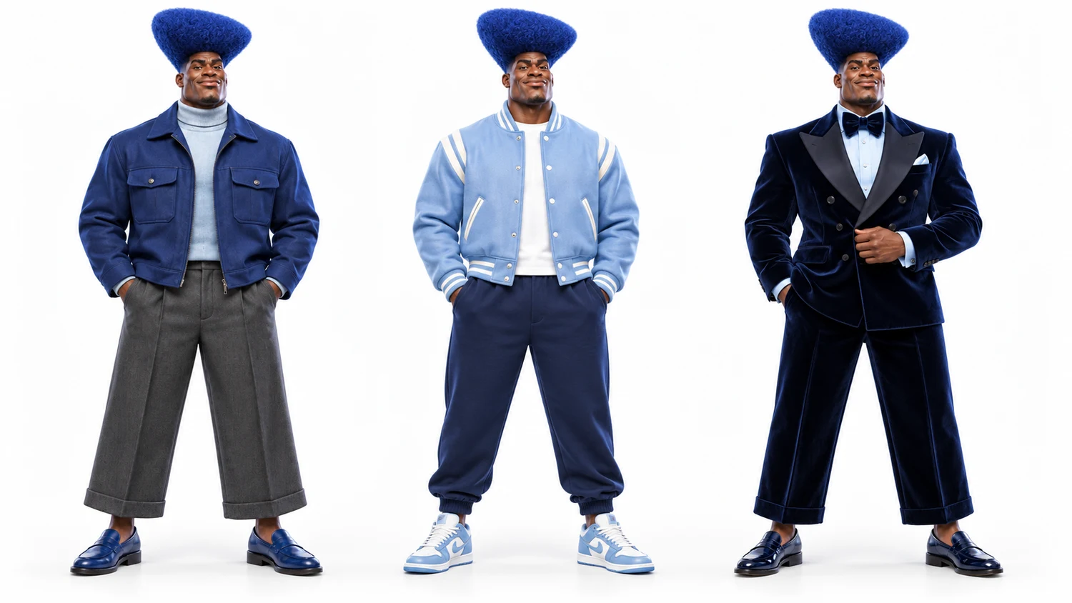 The same original eccentric character in workwear, sportswear, and a tuxedo