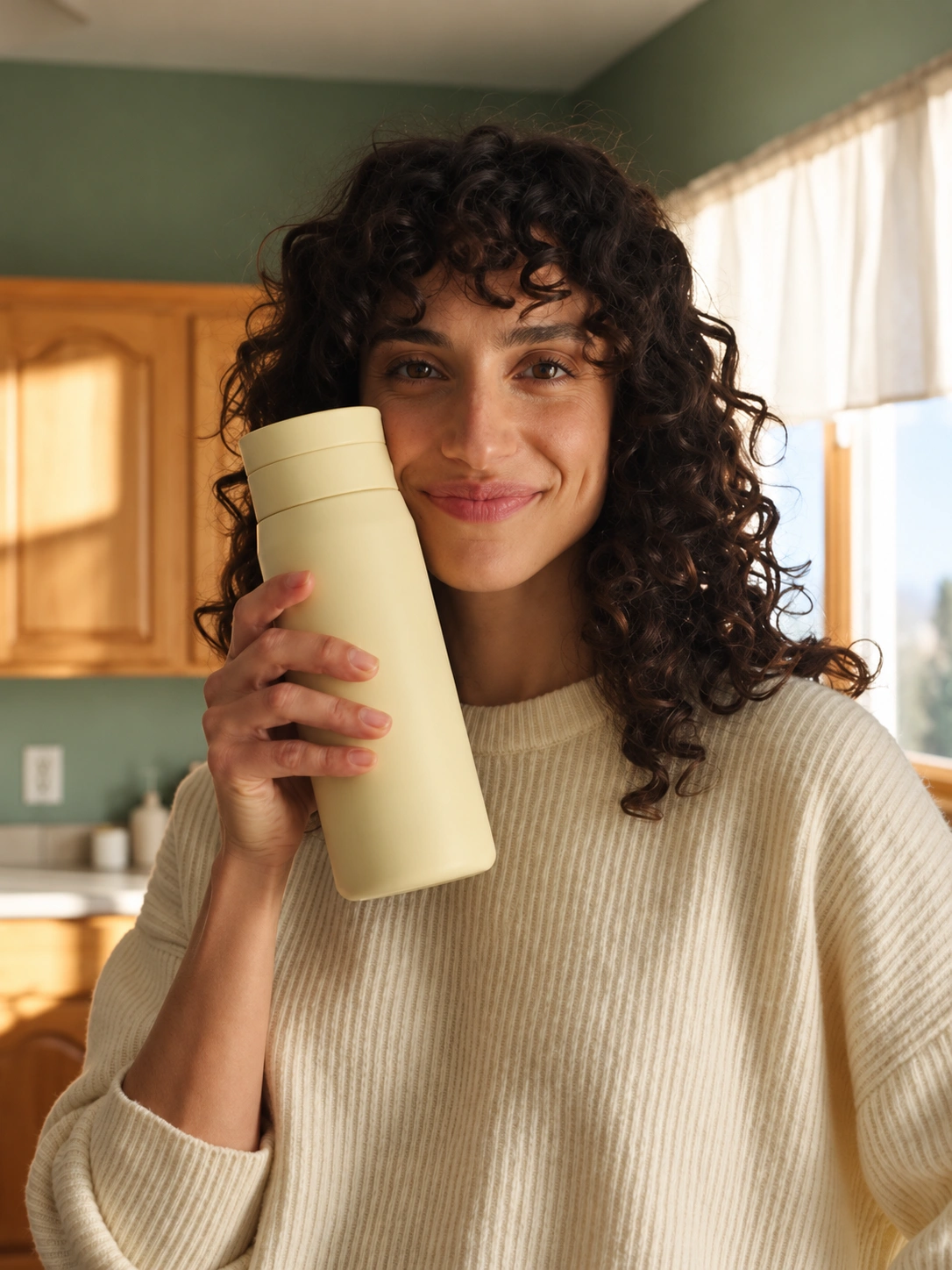 AI creator holding a product in a bright morning setting
